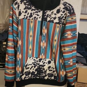 Crazy Train Turquoise & Brown Southwestern Aztec Pullover Hoodie
